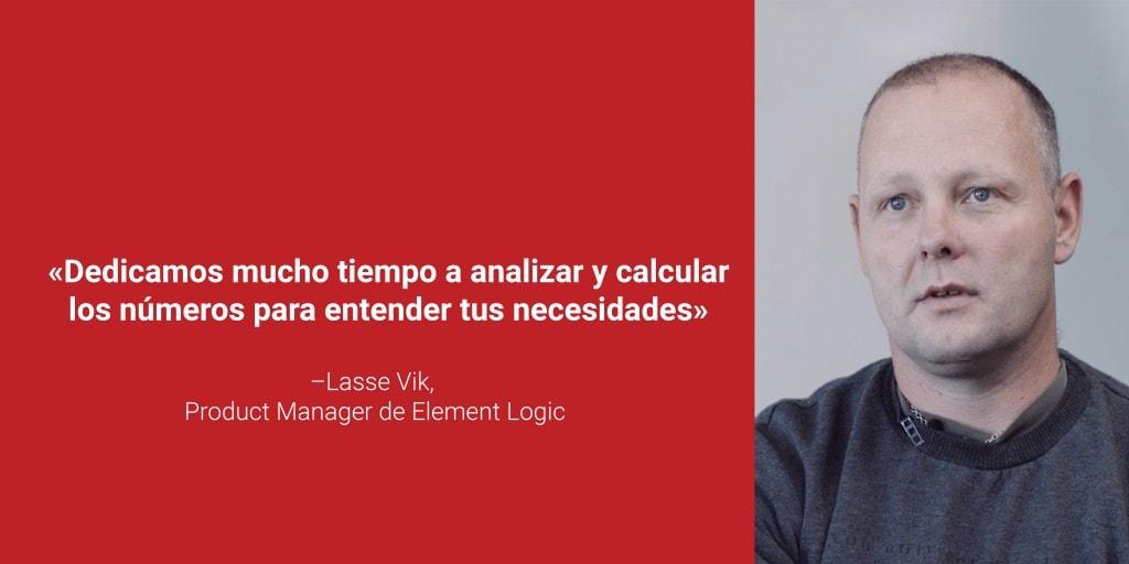 Lasse Vik, Product Manager de Element Logic junto a su cita "Dedicamos mucho tiempo a analizar y calcular los números para entender tus necesidades" con letras rojas y fondo rojo.