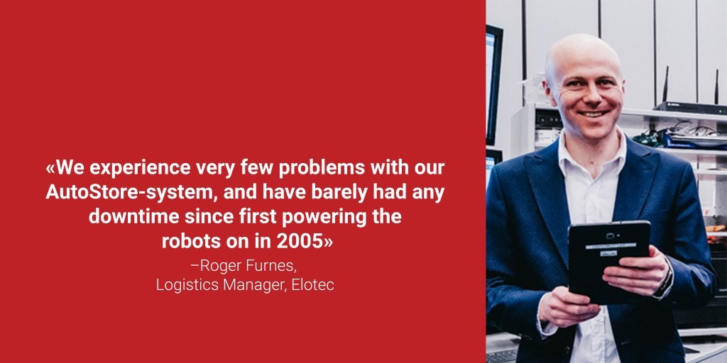 A portrait photo of logistics manager Roger Furnes with the quote "We experience very few problems with our AutoStore-system, and have barely had any downtime since first powering the robots on in 2005"