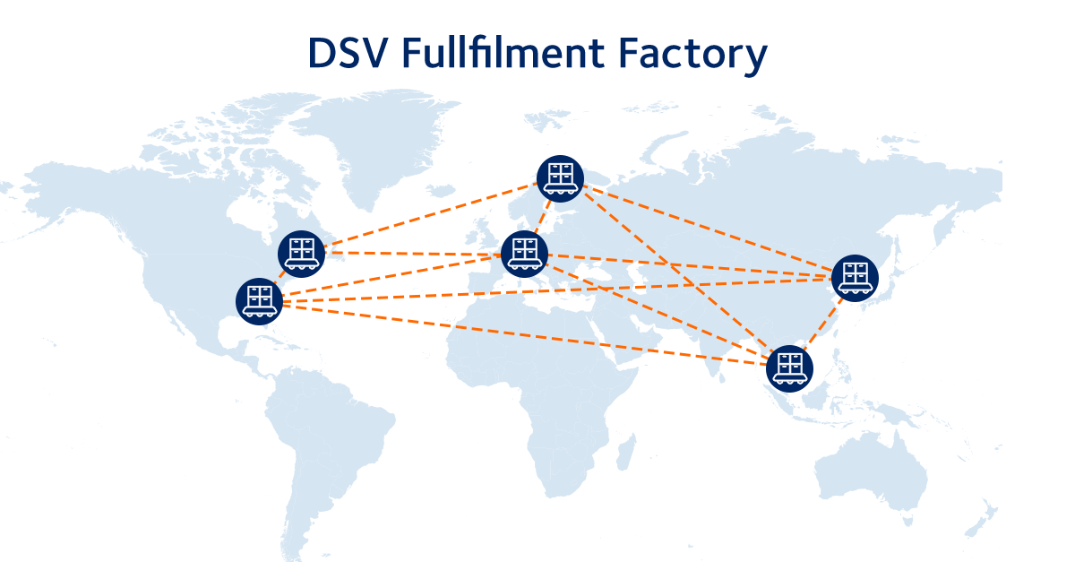 Mapa mundial con los centros de microfulfilment de DSV marcados